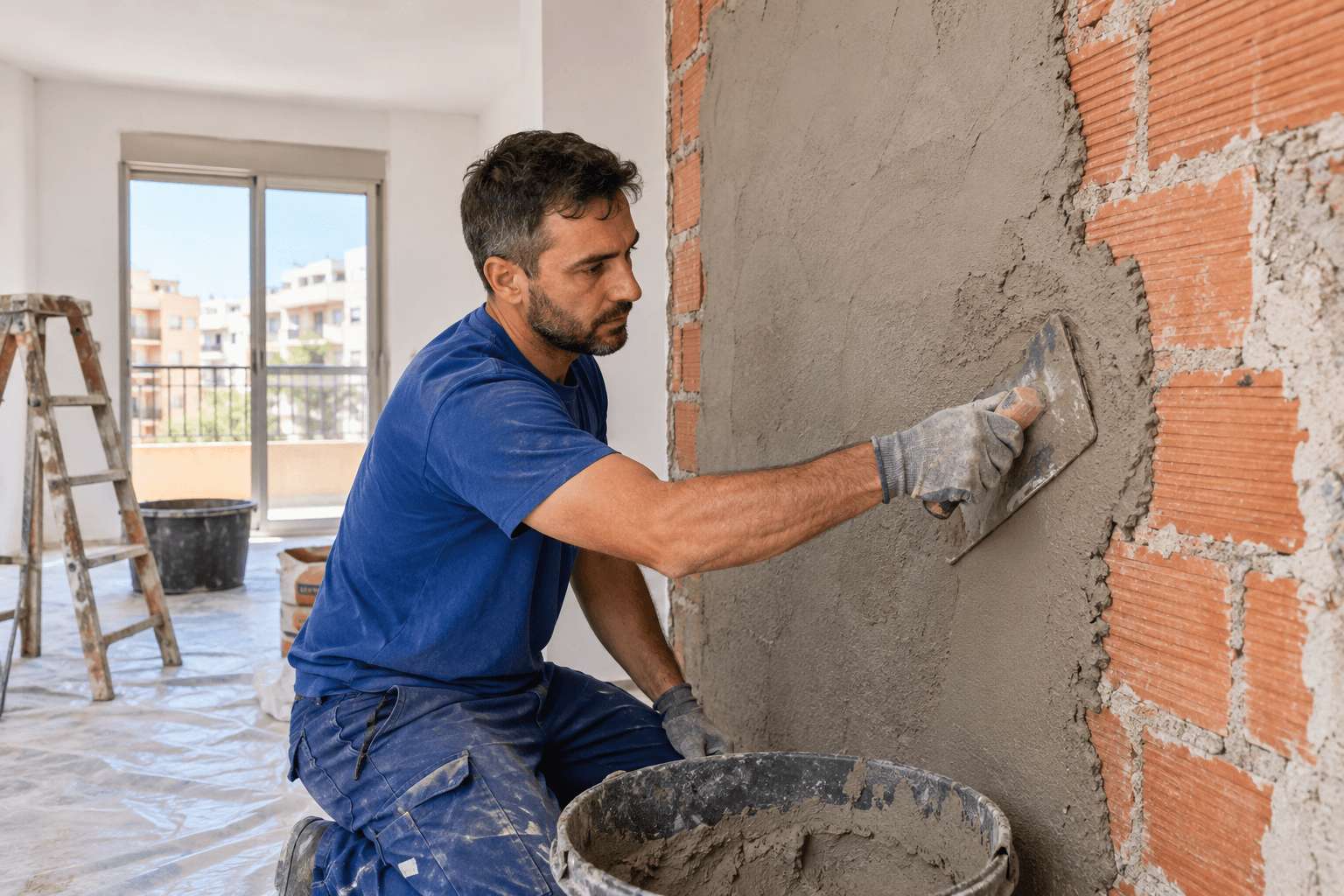 Profesional aplicando mortero en una pared de albañilería