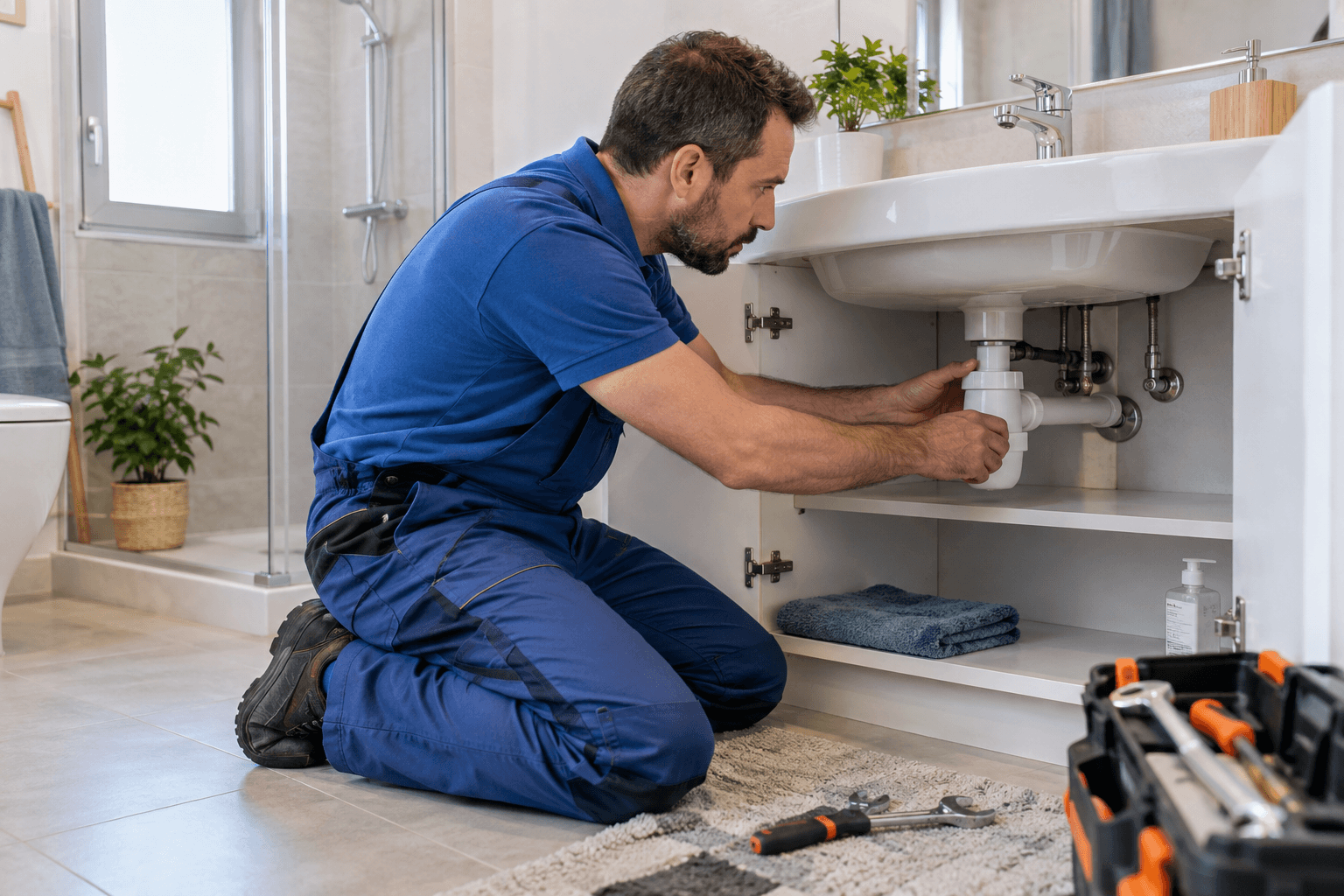 Fontanero ajustando el sifón de un lavabo
