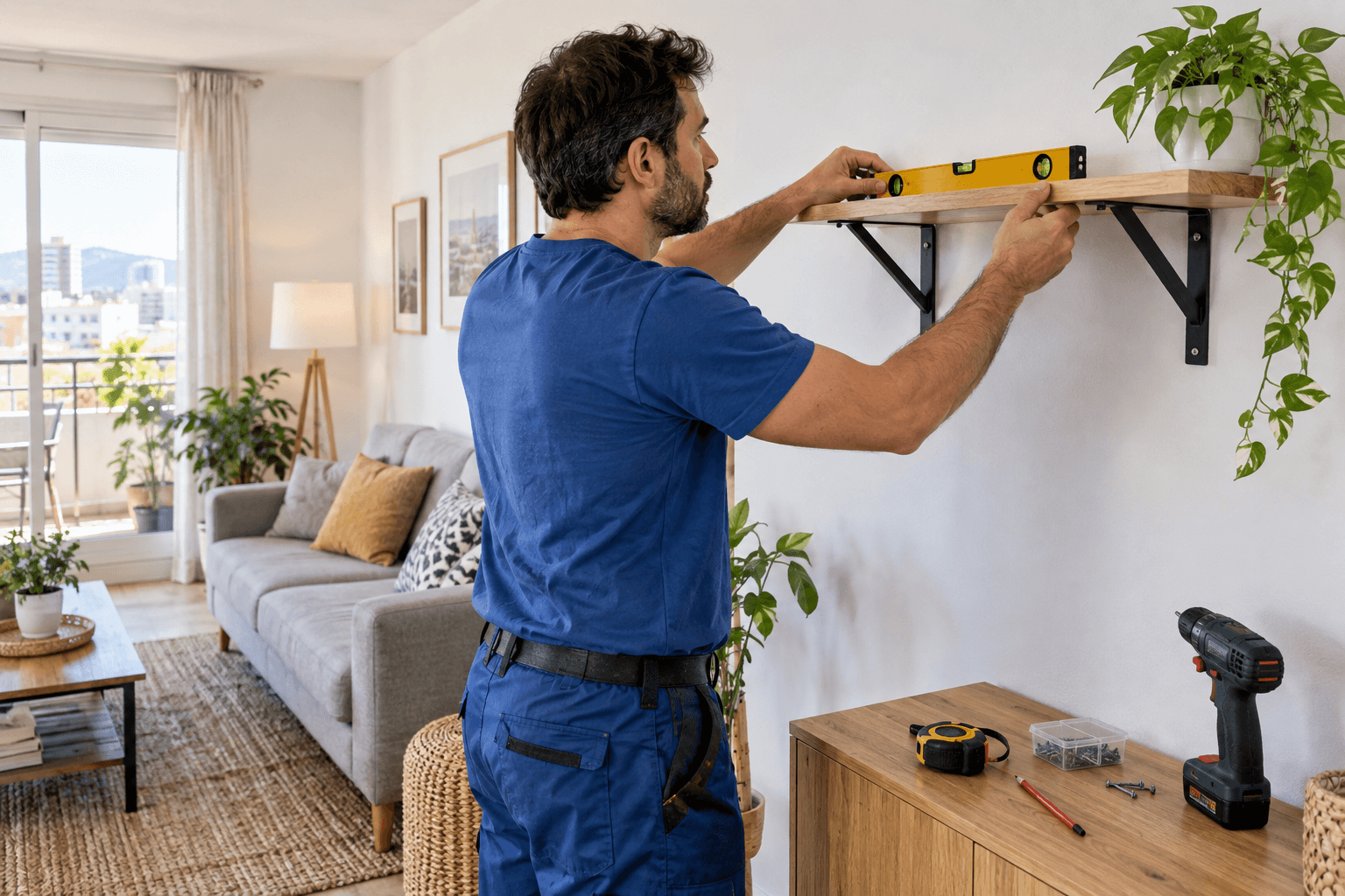 Profesional manitas nivelando una balda de pared