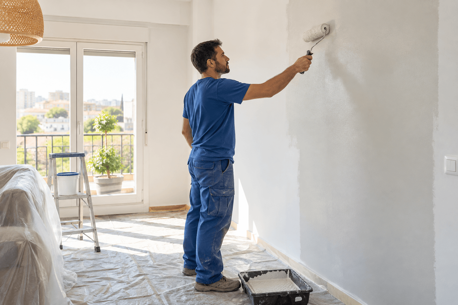 Pintor aplicando pintura con rodillo en una pared interior