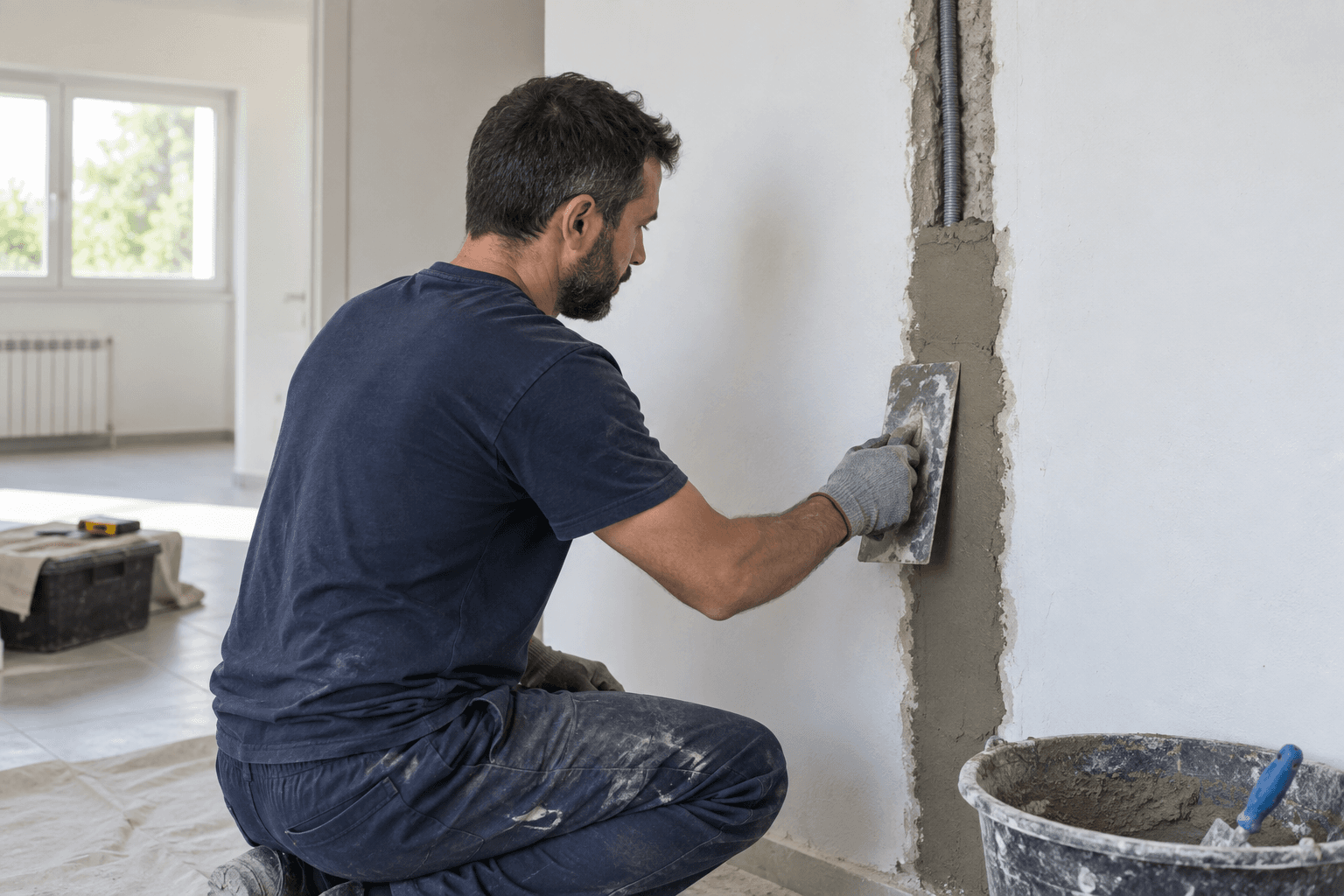 Cierre con mortero de una roza para instalaciones en una pared interior