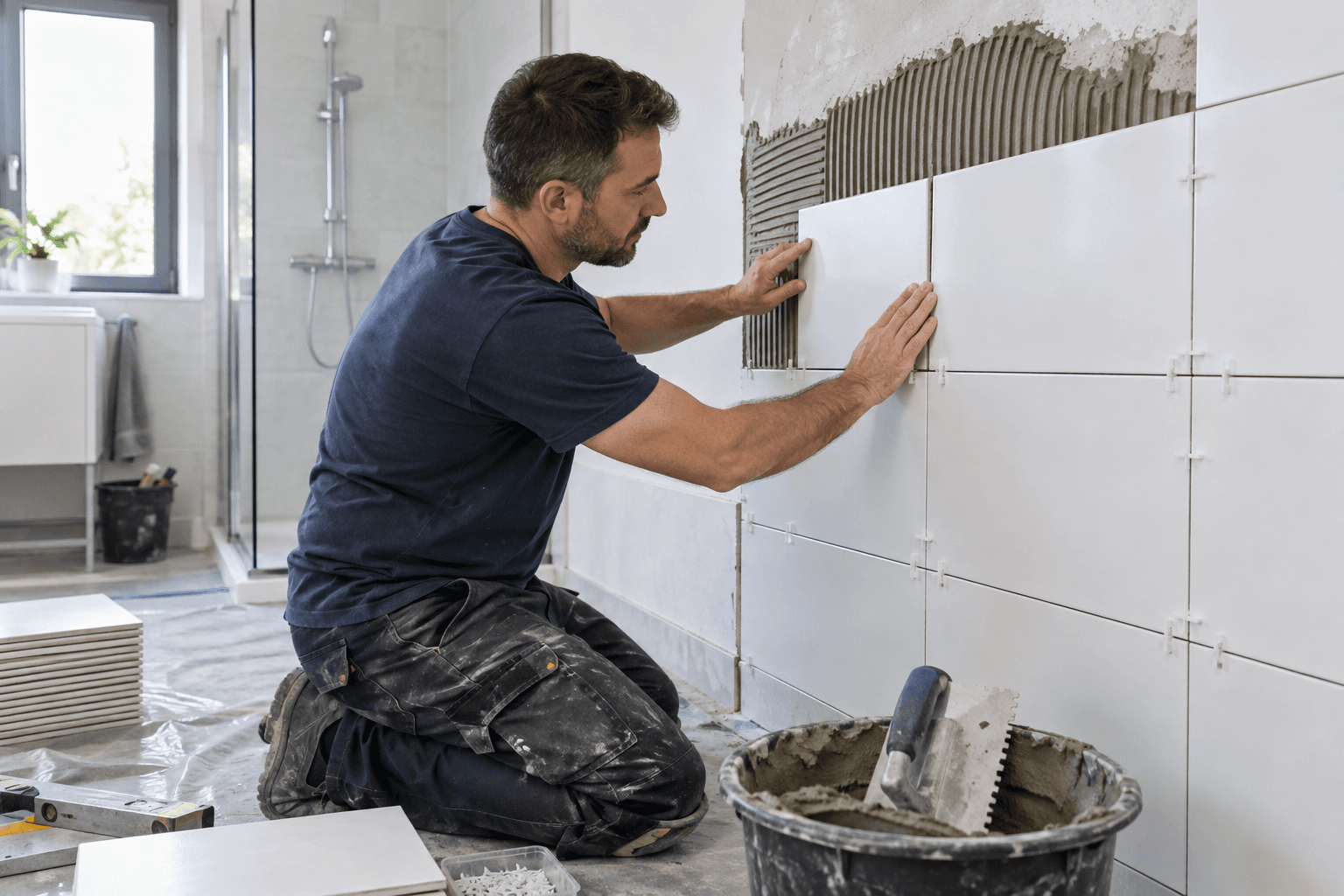 Profesional colocando azulejos blancos en la pared de un baño