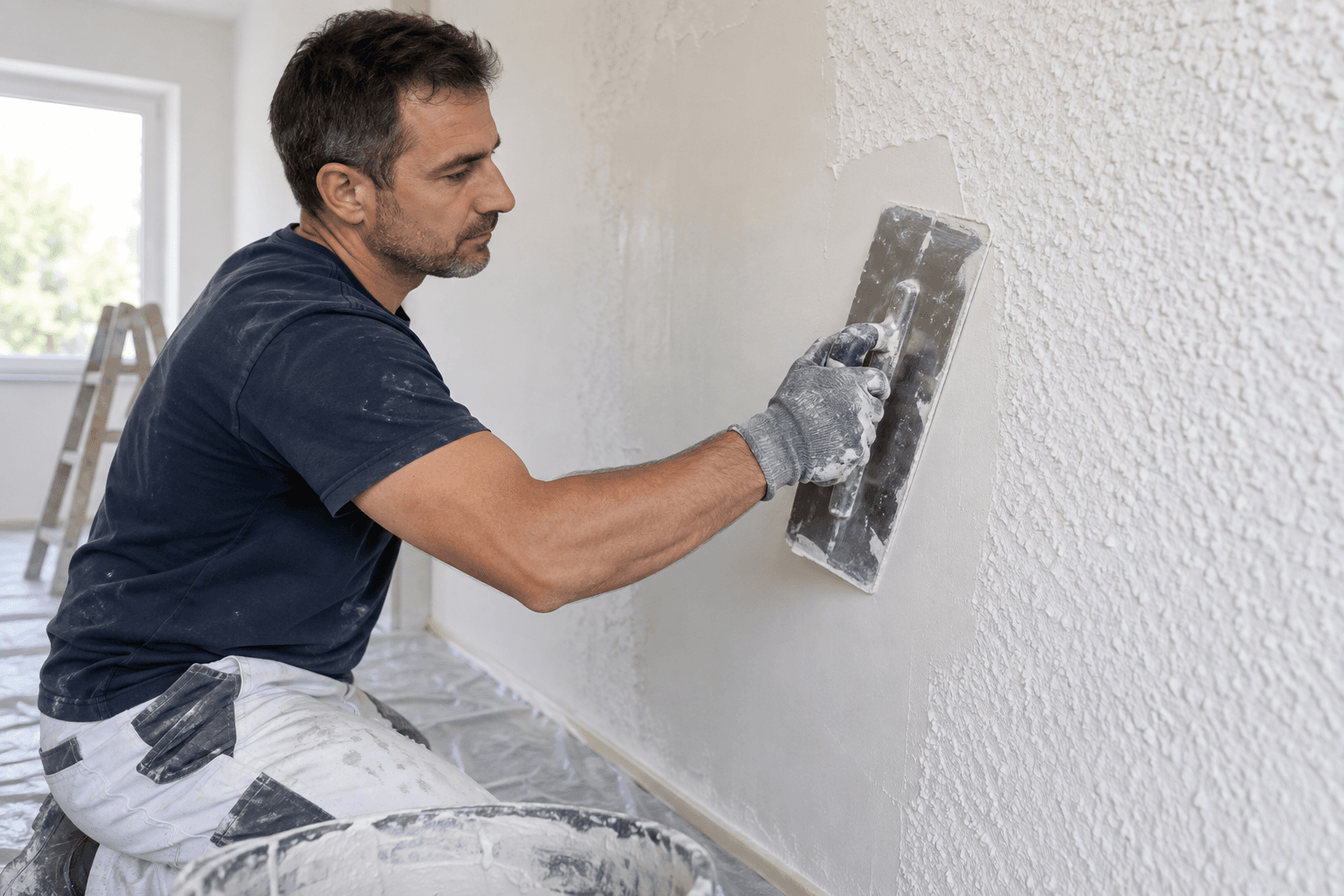 Profesional alisando una pared con gotelé mediante pasta y llana.