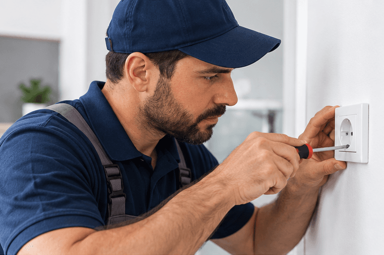 Electricista sustituyendo un enchufe en una vivienda