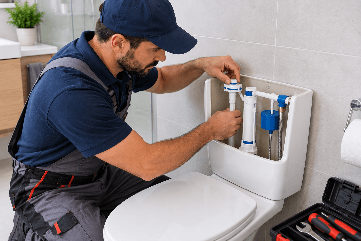 Fontanero reparando el mecanismo de una cisterna de WC