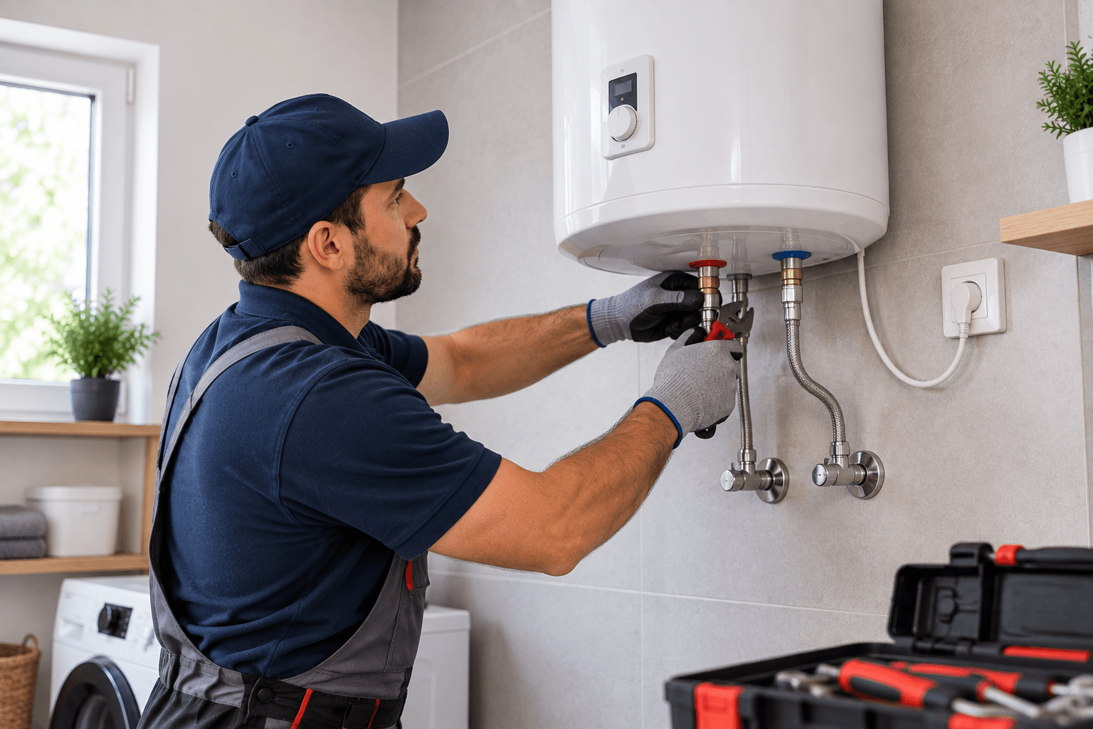 Técnico instalando un termo eléctrico de agua caliente