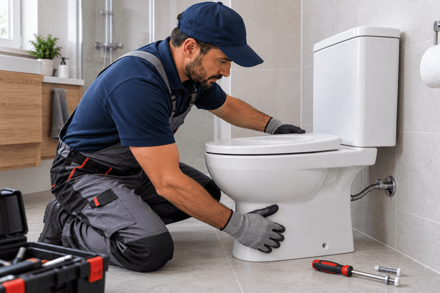 Fontanero instalando un inodoro nuevo en un baño