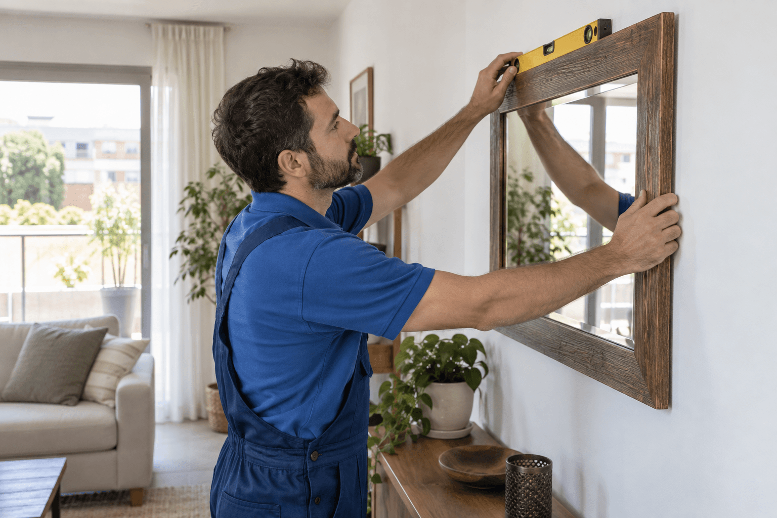 Profesional nivelando un espejo en una pared interior