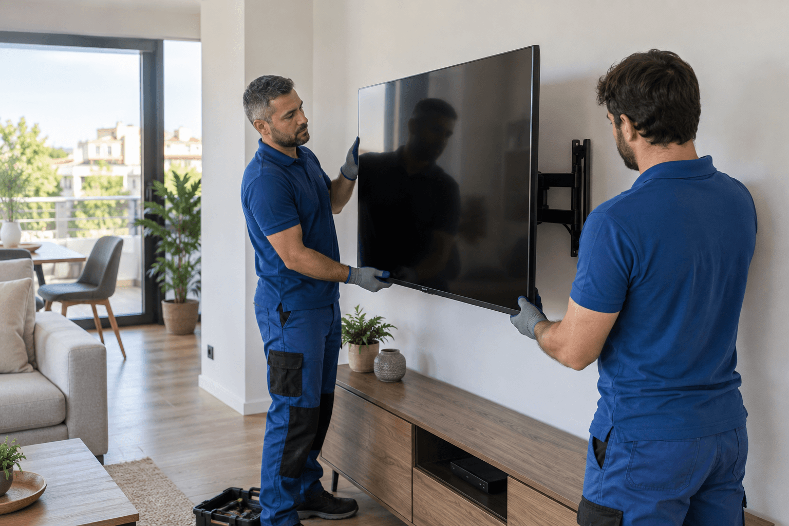 Dos profesionales colocando un televisor en su soporte de pared