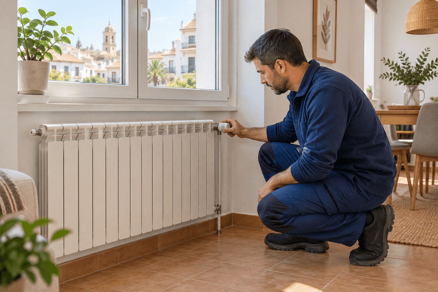 Técnico comprobando un radiador de calefacción instalado en una vivienda