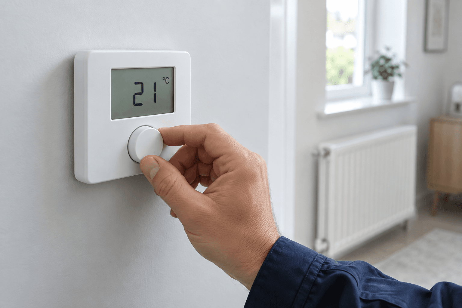 Ajuste de un termostato digital de calefacción instalado en la pared.