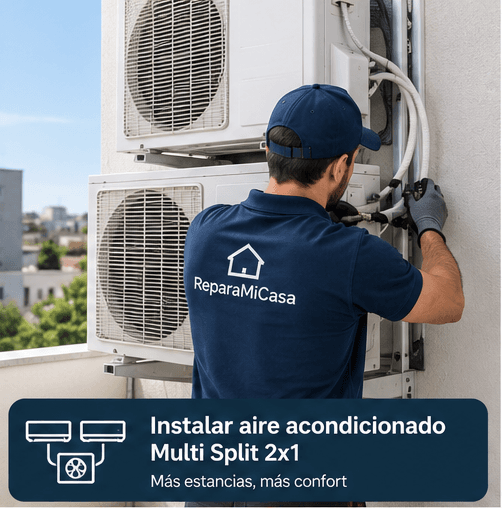 Técnico instalando un sistema de aire acondicionado Multi Split 2x1