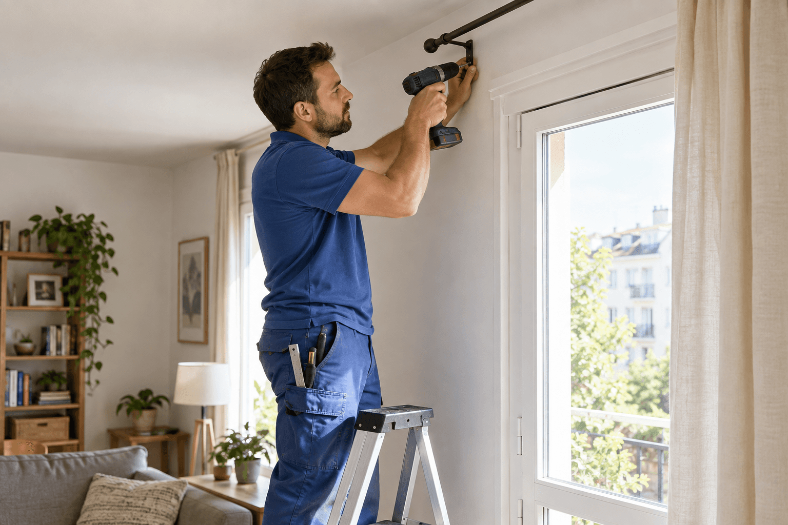 Profesional fijando una barra de cortina junto a una ventana