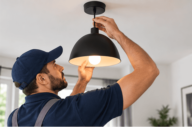 Electricista instalando una lámpara de techo en una vivienda