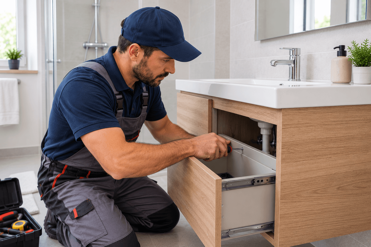 Profesional instalando un mueble con lavabo en un cuarto de baño
