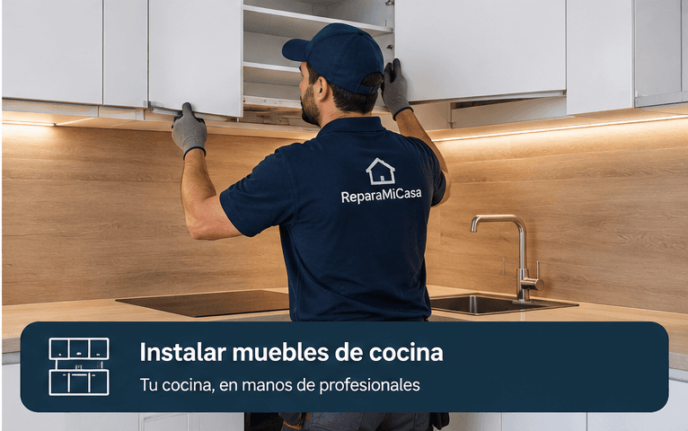Montador instalando muebles altos y bajos de una cocina moderna
