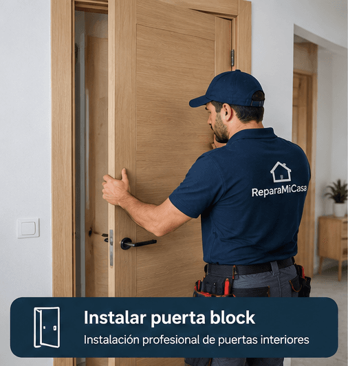 Carpintero instalando una puerta block de madera en una vivienda
