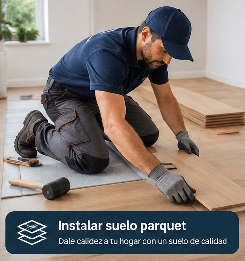 Profesional instalando suelo parquet de madera en una vivienda