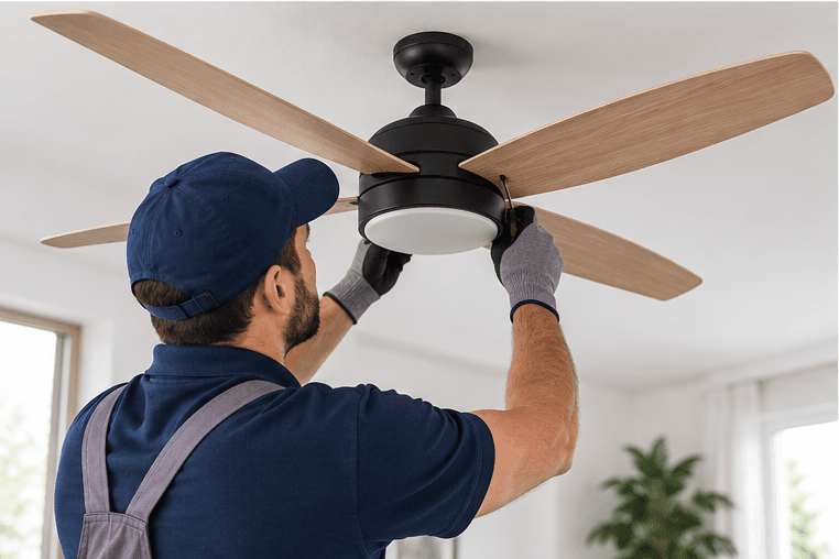 Electricista instalando un ventilador de techo en una vivienda