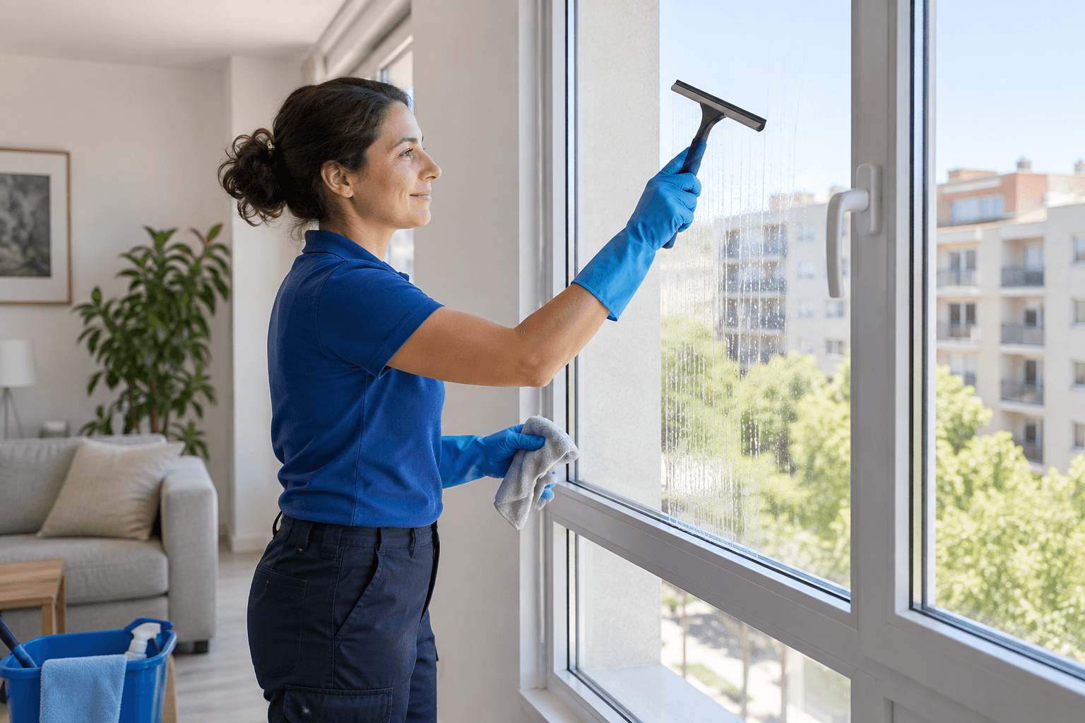 Limpieza de un cristal accesible desde el interior de la vivienda