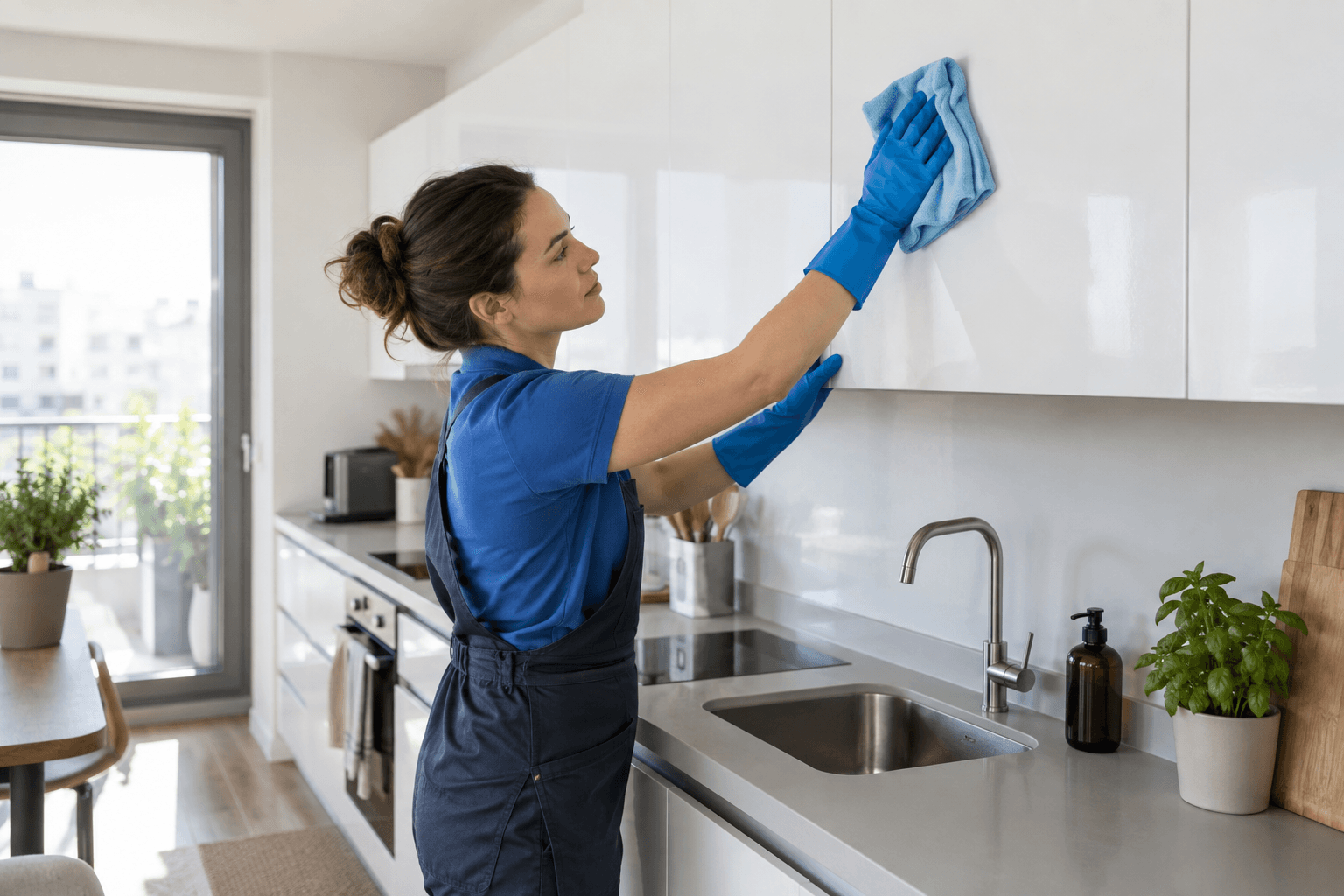 Limpieza a fondo de los muebles y superficies de una cocina