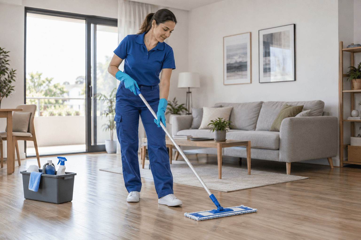 Limpieza habitual del suelo de un salón con mopa