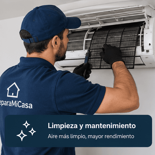 Técnico realizando limpieza y mantenimiento de aire acondicionado