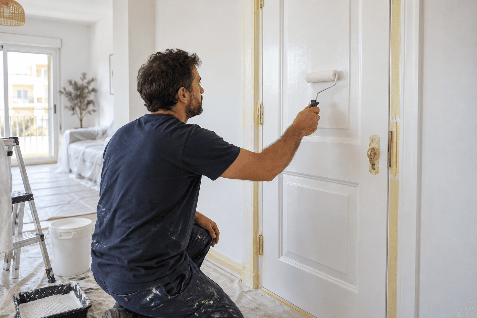 Pintor aplicando pintura blanca con un rodillo pequeño a una puerta interior.