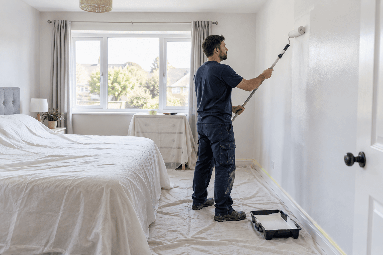 Pintor aplicando pintura en una habitación con el suelo y los muebles protegidos.