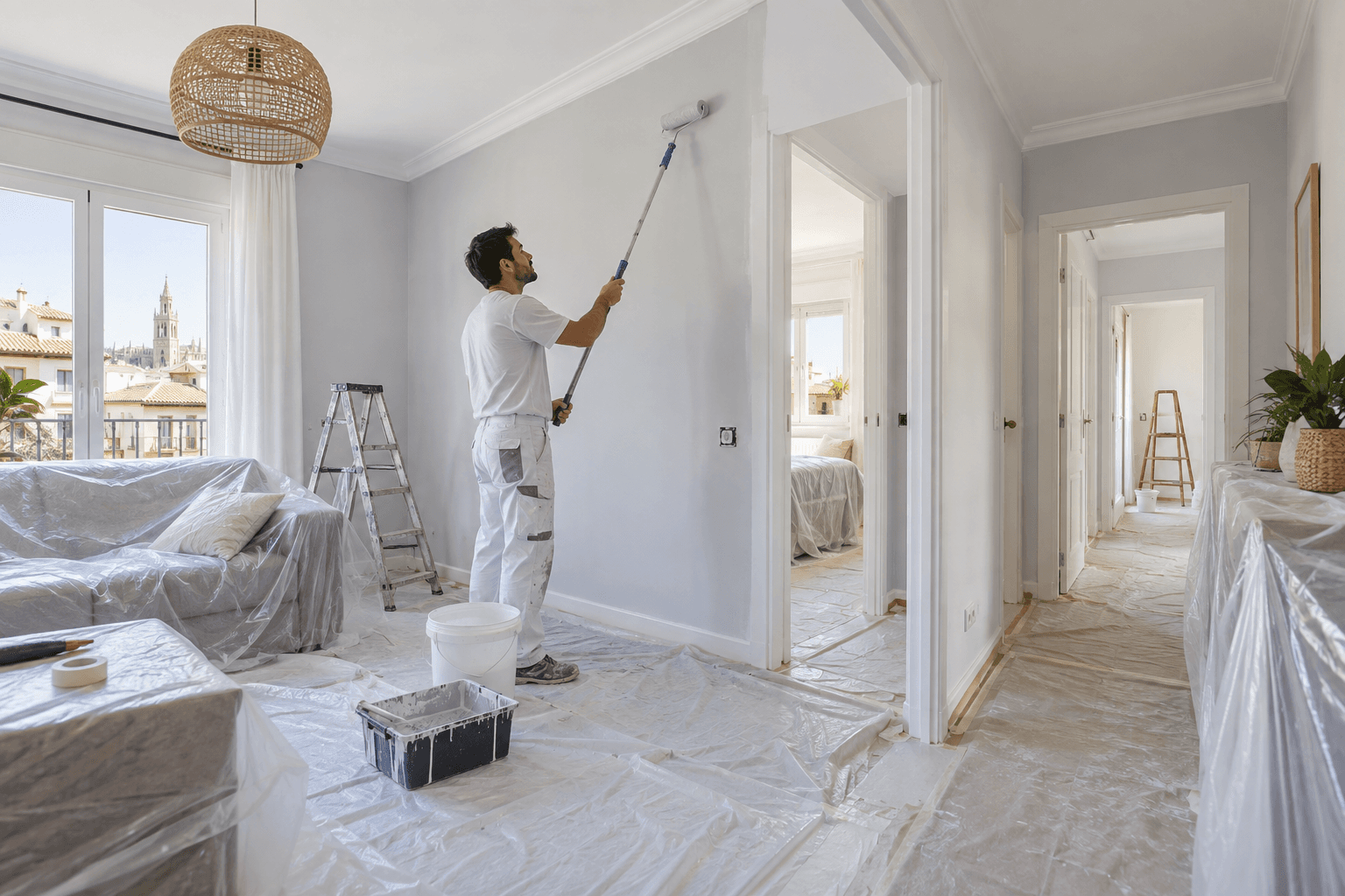Trabajos de pintura interior en varias estancias de una vivienda con superficies protegidas.