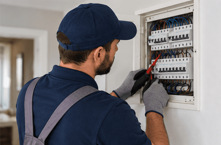 Electricista diagnosticando una avería eléctrica en una vivienda
